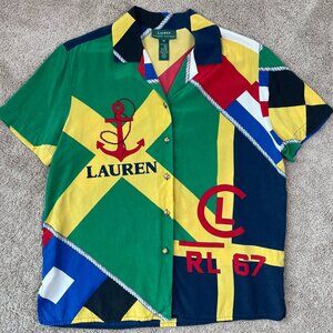 Lauren Ralph Lauren Shirt Womens M Colorful 100% Silk Nautical Preppy Vintage
